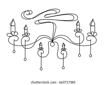 Vector silhouette of hand drawn classy chandelier with five lamps and candlelight set in black color on white background, isolated cartoon painted illustration with vintage curves, high quality