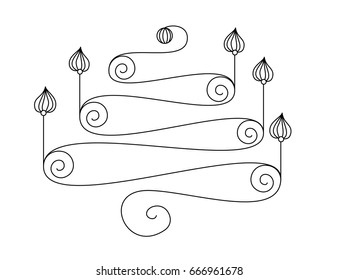 Vector silhouette of hand drawn classy chandelier with five lamps in black color on white background, isolated cartoon painted illustration of lamp with vintage curves, high quality