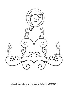 Vector silhouette of hand drawn classy chandelier with candle light set in black color on white background, isolated cartoon painted illustration with vintage curves, high quality