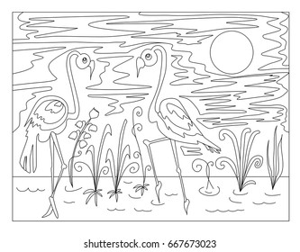 Vector silhouette of hand drawn flamingos in the lake background in black and white colors, cartoon painted illustration of nature landscape, high quality