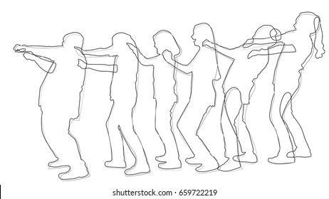 Vector silhouette hand drawn happy trendy teenage friends walking in row line holding forward guy by shoulders and hands   facing his back  Playing millipede game  friend Forming Train