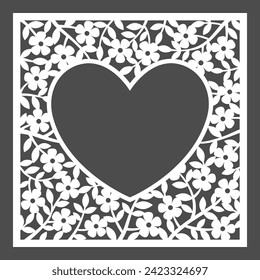Vector silhouette hand drawn illustration. Floral invitation card in a lace style for Wedding or Valentine's day. Template for laser cutting