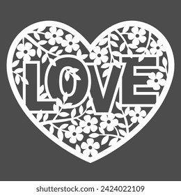 Ilustración dibujada a mano con silueta vectorial. Tarjeta de invitación floral al estilo de encaje para Boda o Día de San Valentín. Plantilla para corte por láser