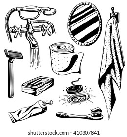 Vector silhouette hand drawn illustration of various bathroom and toilet items