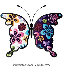 Vector silhouette of hand drawn stylized colorful floral butterfly isolated on transparent background	
