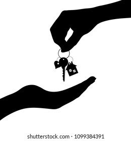 Vector silhouette of hand give of keys from the house other people.