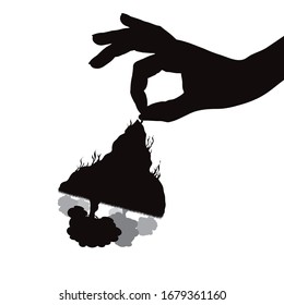 Vector silhouette of hand hold piece of land with grass on white background. Symbol of nature and planet.
