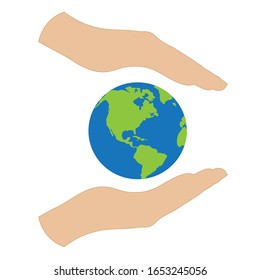 Vektorillustration Silhouette der Hand halten Welt in Schutzgeste auf weißem Hintergrund. Symbol des rettenden Planeten.