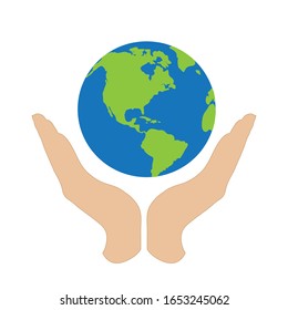 La silueta vectorial de la mano sostiene el mundo en gesto de protección sobre fondo blanco. Símbolo de planeta salvado.
