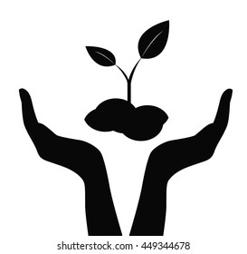 Vector of silhouette Hand holding the green plant for grow business concept or environment protection