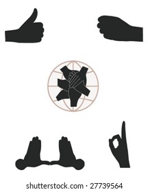 Vector silhouette hand icons of gestures like success, world unity, and others.