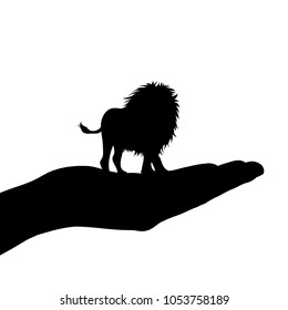 Vector silhouette of hand with lion on white background.