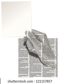 Vector Silhouette Of The Hand Of Newspaper Columns Texture With A Clean Card With Place For Your Text. Text On The Newspaper Unreadable. Newspaper Pattern Seamless.