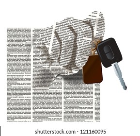 Vector silhouette of the hand of newspaper columns texture with a car keys. Text on the newspaper unreadable. Newspaper pattern on background is seamless.