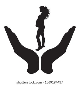Vector silhouette of a hand in a protection gesture protecting a pregnant woman. Symbol of insurance, woman, pregnancy, maternity, mother, wait, female, people, person, defensive, healthy, safe.