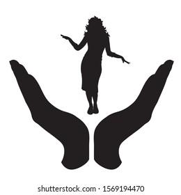 Vector silhouette of a hand in a protection gesture protecting a dance girl. Symbol of insurance, woman, female, music, party, happy, people, person, defensive, healthy, safe, security, support.
