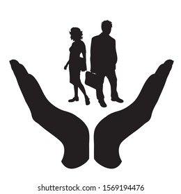 Vector silhouette of a hand in a protection gesture protecting a couple. Symbol of insurance, man, male, couple, pair, woman, female, business, work, manager, healthy, team, people, person, defensive.