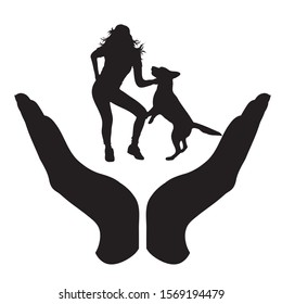 Vector silhouette of a hand in a protection gesture protecting a girl with dog. Symbol of insurance, woman, pet, animal, dance, play, female, people, person, defensive, healthy, safe, security.