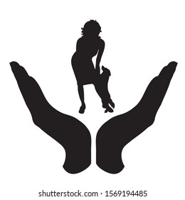Vector silhouette of a hand in a protection gesture protecting a girl with dog. Symbol of insurance, woman, pet, animal, dance, play, female, people, person, defensive, healthy, safe, security.