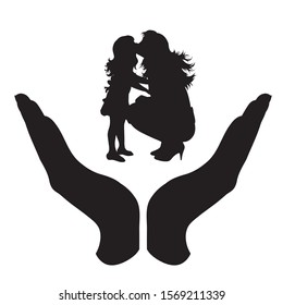 Vector silhouette of a hand in a protection gesture protecting a family. Symbol of insurance, woman, female, child, daughter, mother, people, person, defensive, healthy, safe, security, support, kiss.