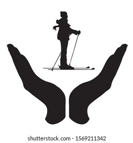 Vector silhouette of a hand in a protection gesture protecting a skiing boy. Symbol of insurance, man, male, sport, ski, winter, snow, healthy, people, person, defensive, safe, security, support.