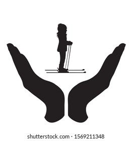 Vector silhouette of a hand in a protection gesture protecting a skiing child. Symbol of insurance, girl, infant, sport, ski, winter, snow, healthy, people, person, defensive, safe, security, support.