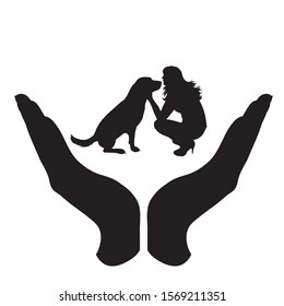 Vector silhouette of a hand in a protection gesture protecting a girl with dog. Symbol of insurance, woman, pet, animal, kiss, hug, Labrador, retriever, female, people, person, defensive, healthy.