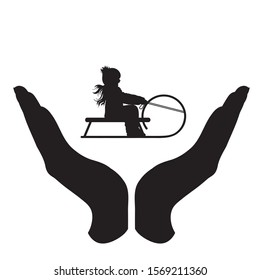 Vector silhouette of a hand in a protection gesture protecting a sledding girl. Symbol of insurance, infant, sport, sledge, sled, speed, child, infantile, winter, snow, healthy, people, person.