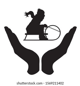 Vector silhouette of a hand in a protection gesture protecting a sledding boy. Symbol of insurance, infant, sport, sledge, sled, speed, winter, snow, healthy, people, person, defensive, safe, security