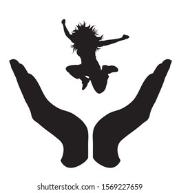 Vector silhouette of a hand in a protection gesture protecting a jumping girl. Symbol of insurance, woman, female, sport, jump, healthy, people, person, defensive, safe, security, support.