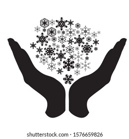 Vector silhouette of a hand in a protection gesture protecting a snowflakes. Symbol of insurance, snow, winter, cold, Christmas, person, defensive, safe, security, support.