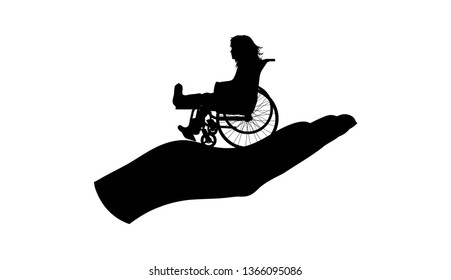 Vector silhouette of hand show child on wheelchair with gypsum on her leg on white background. Symbol of health care.