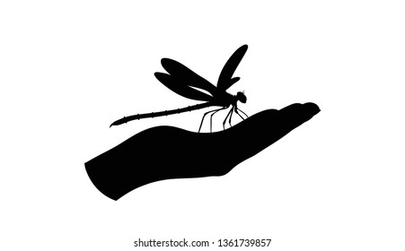Vector silhouette of hand show dragonfly on white background. Symbol of animal and environmental.