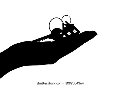 Vector silhouette of hand show of keys from the house on white background.