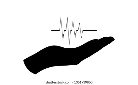 Vector silhouette of hand show pulse on white background. Symbol of health care.