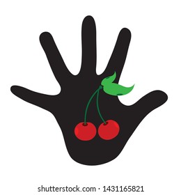 Vector silhouette of child´s hand shows drawing cheery on the palm. Symbol of fruit.