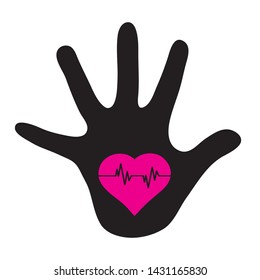Vector silhouette of child´s hand shows drawing heart on the palm. Symbol of childhood, love,pulse, healthy.