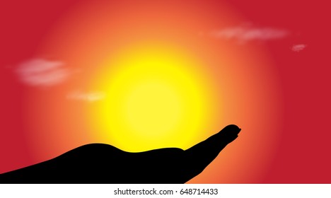 Vector silhouette of hand at sunset.