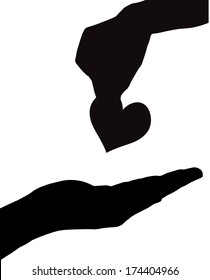 Vector silhouette of the hand that gives the heart to the other hand.