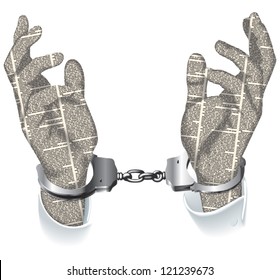 Vector silhouette of the handcuffed hands of newspaper columns texture. All texts are unreadable.