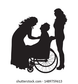 Vector silhouette of handicapped man on wheelchair with family on white background. Symbol of disabled,care, assistance,help.