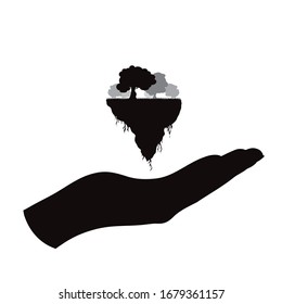 Vector silhouette of hands in defensive gesture protection piece of land with grass on white background. Symbol of nature and planet.