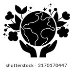 Vector silhouette with hands holding earth with flowers. Earth day black stencil illustration with cute planet. Environment friendly shadow icon with globe. Cute ecological concept
