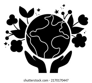 Vector silhouette with hands holding earth with flowers. Earth day black stencil illustration with cute planet. Environment friendly shadow icon with globe. Cute ecological concept
