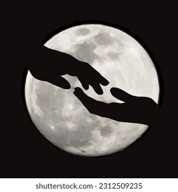 Vector silhouette of hands on moon background. Symbol of help and family.