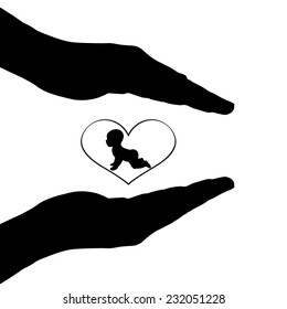Vector silhouette of hands to protect the child.