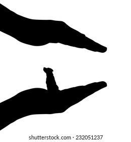 Vector silhouette of hands to protect the dog.