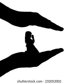 Vector silhouette of hands to protect the girl.