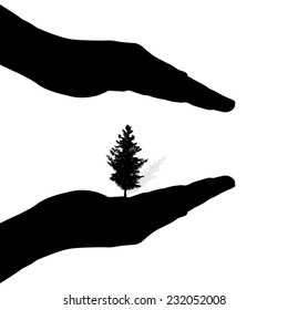 Vector silhouette of hands to protect the tree.
