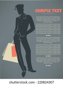 vector silhouette of handsome man with shopping bags 